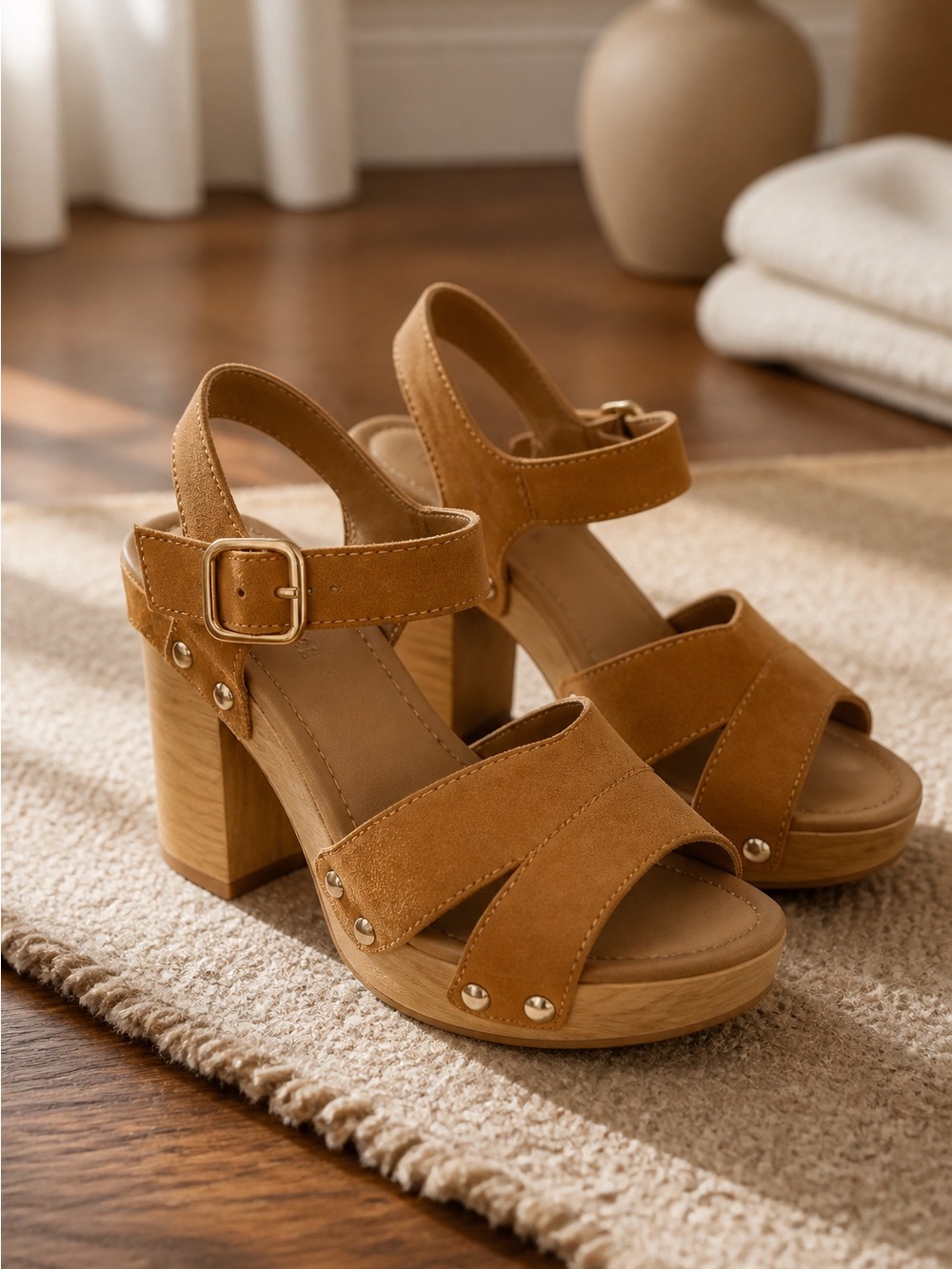 Sun and Stone, Delestep Cognac sandal wedges, size 7